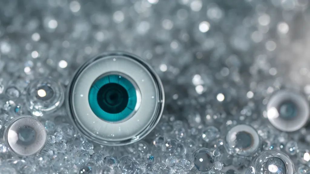 Close-up of a clear contact lens with water droplets