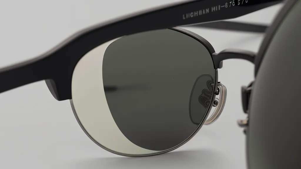 Close-up of 1.67 high-index lenses in a pair of prescription sunglasses.