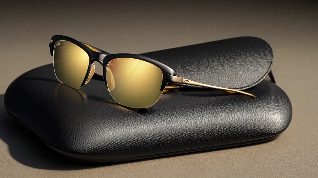 A hard-shell glasses case opening to show polarized prescription sunglasses.