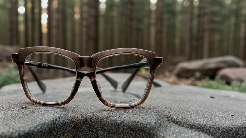 Durable plastic prescription glasses resting on a rock in a forest setting